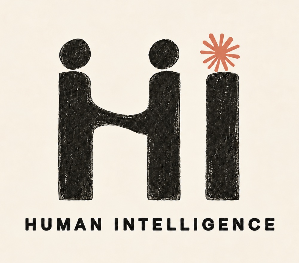 HI — Human Intelligence. Two hand-drawn figures holding hands form the letter H; the dot of the i is a coral spark.